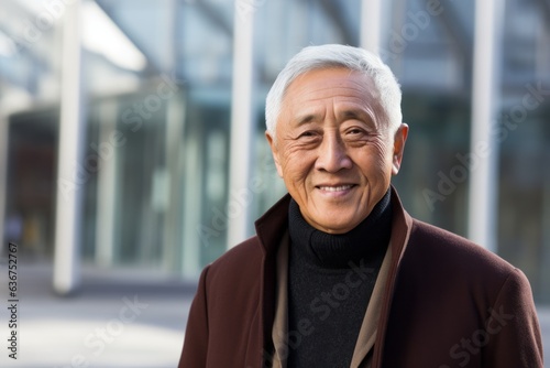 Portrait of smiling senior man in coat at the street on a sunny day