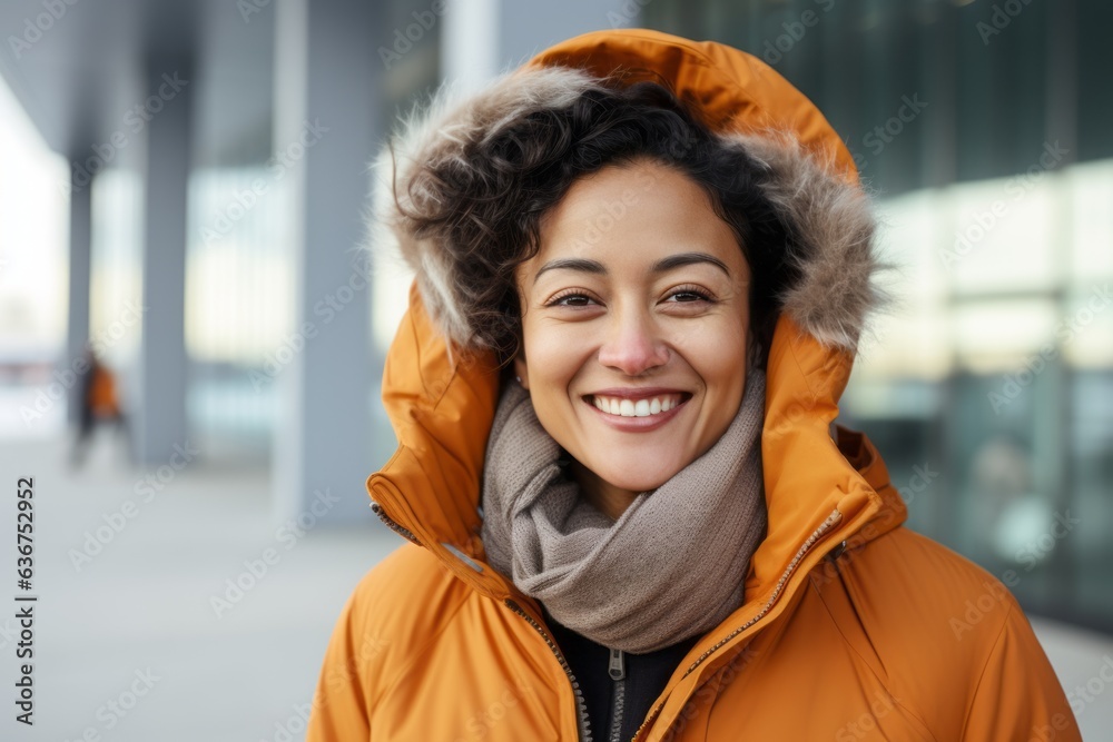 portrait of smiling african american woman in winter jacket outdoors