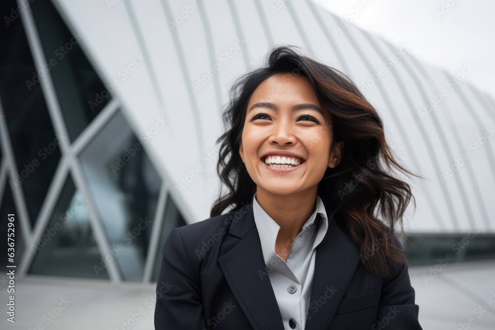 Portrait of a smiling businesswoman in suit looking at camera outdoors