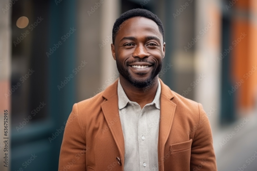 Medium shot portrait of a Nigerian man in his 30s in an abstract background wearing a chic cardigan Medium shot portrait of a Nigerian man in his 30s in an abstract background wearing a chic cardigan