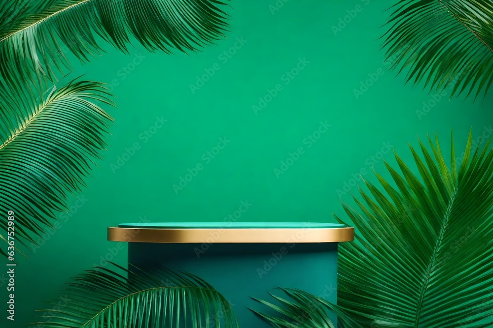 Turquoise podium with palm leaves on green background. Minimal scene Turquoise podium with palm leaves on green background. Minimal scene