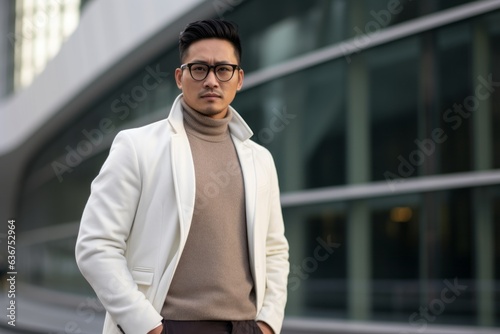 Portrait of young handsome asian man in eyeglasses outdoors