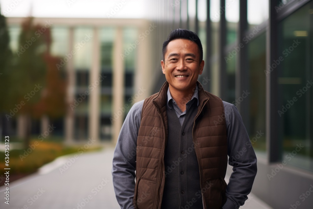 Portrait of a smiling young asian man standing outside office building