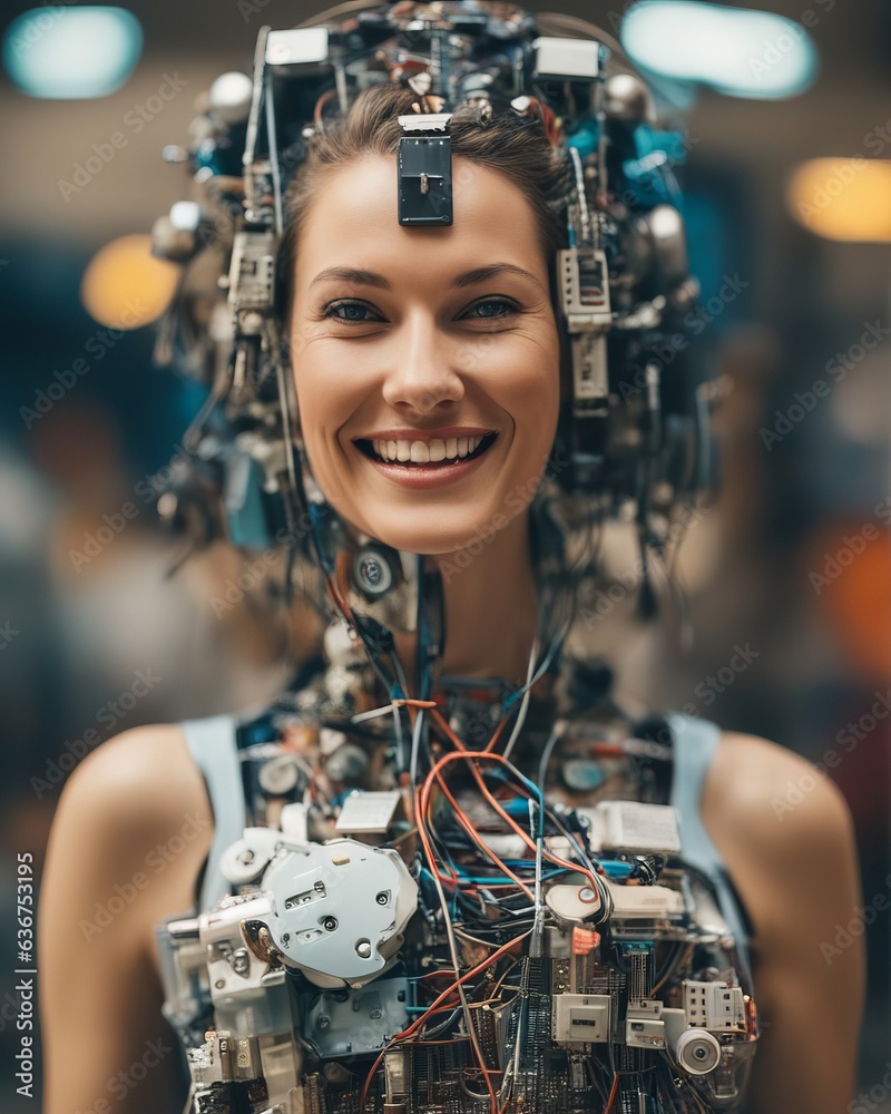 Close-up portrait of a smiling woman whose body parts have been replaced by microchips Close-up portrait of a smiling woman whose body parts have been replaced by microchips