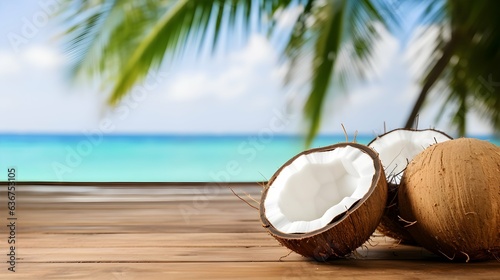 Coconuts on wooden table on tropical beach background with copy space