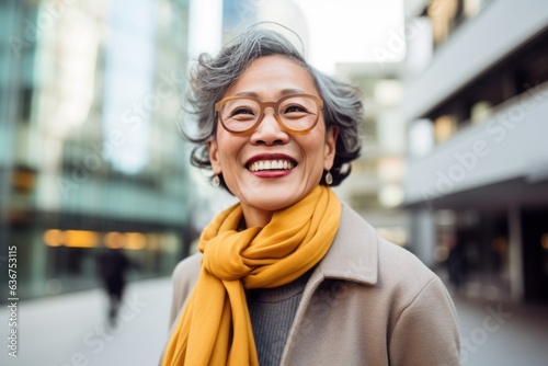 Portrait of smiling senior woman in eyeglasses walking in city