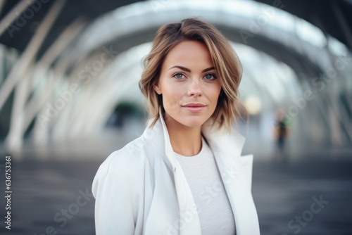 Portrait of a beautiful young woman in a white coat on the background of a modern building
