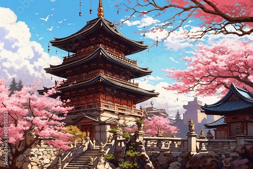 Illustrated scene of blooming flowers and Asian temple in spring. Generative AI