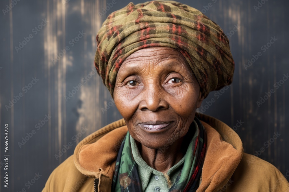Portrait of a Nigerian woman in her 90s in an abstract background wearing a warm parka