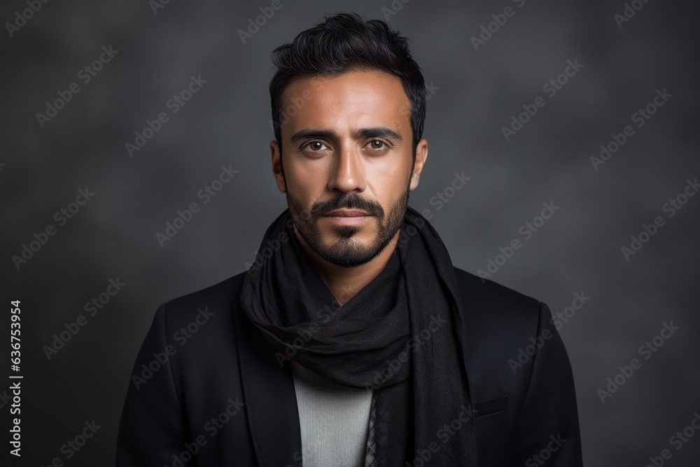 Portrait of a Saudi Arabian man in his 30s in an abstract background wearing a chic cardigan