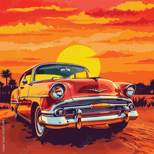 On a sunny evening, a man drives a Cadillac car on the road by the sea