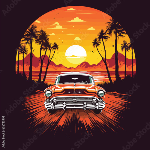 On a sunny evening, a man drives a Cadillac car on the road by the sea