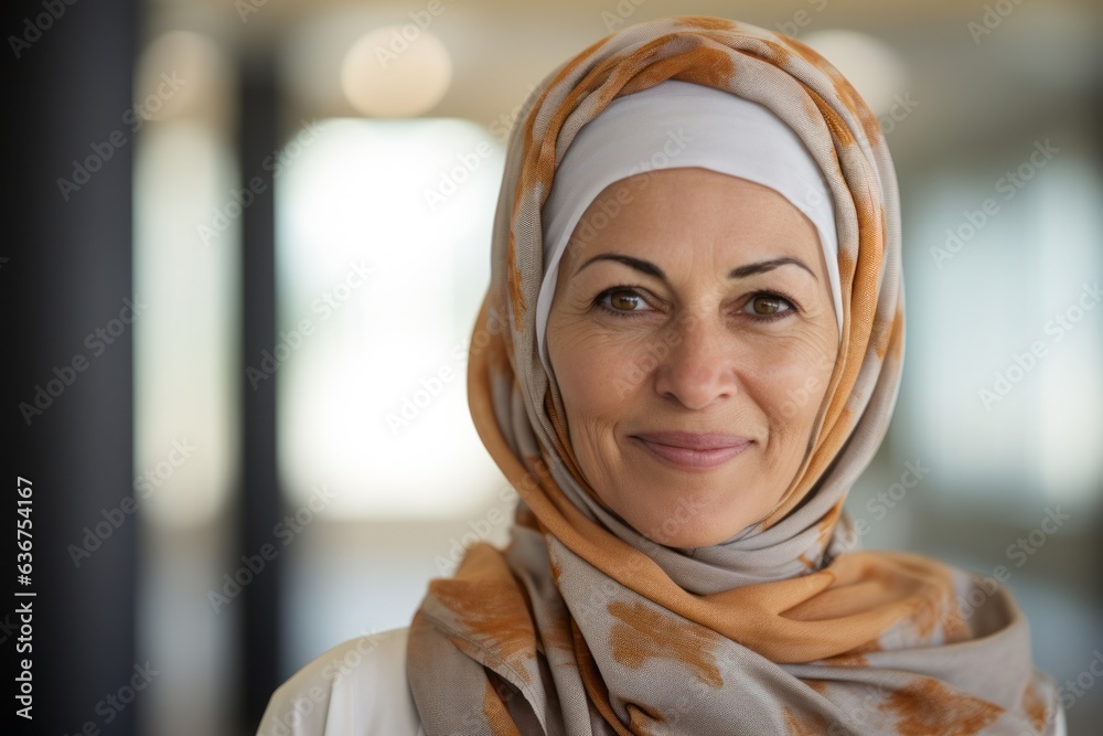 Portrait of a Saudi Arabian woman in her 50s in an abstract background wearing a foulard Portrait of a Saudi Arabian woman in her 50s in an abstract background wearing a foulard