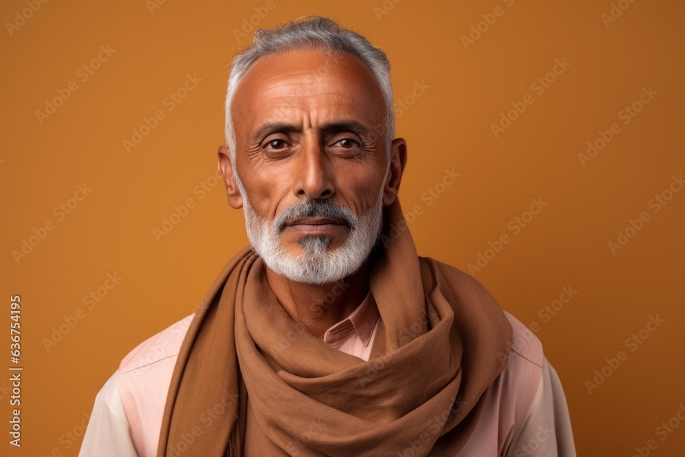 Portrait of a Saudi Arabian man in his 50s in an abstract background wearing a chic cardigan