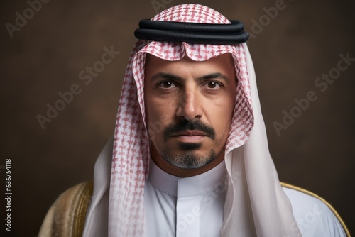 Portrait of a Saudi Arabian man in his 40s in an abstract background wearing a foulard