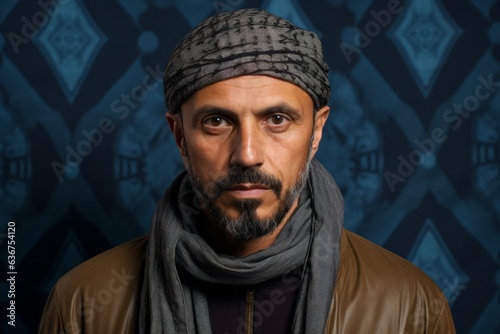 Portrait of a Saudi Arabian man in his 40s in an abstract background wearing a foulard