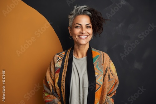 Portrait of a Saudi Arabian woman in her 50s in an abstract background wearing a chic cardigan