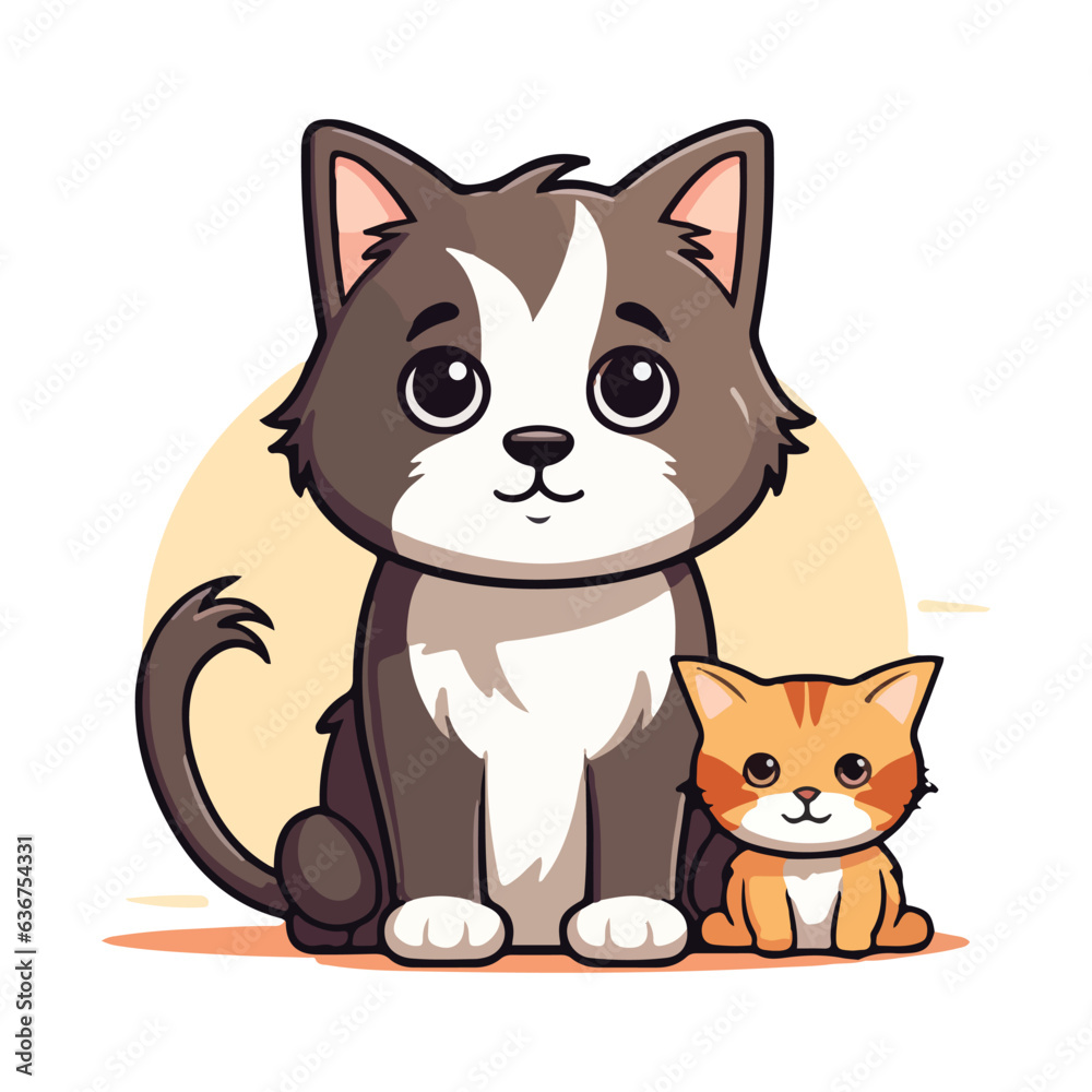 Cute cartoon cat with dog in vector illustration isolated animal vector flat cartoon style, vector, minimalist