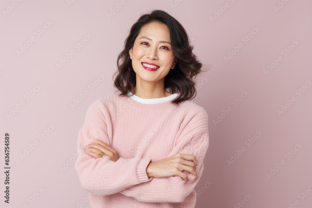 Portrait of a Chinese woman in her 40s in a pastel or soft colors background wearing a cozy sweater Portrait of a Chinese woman in her 40s in a pastel or soft colors background wearing a cozy sweater