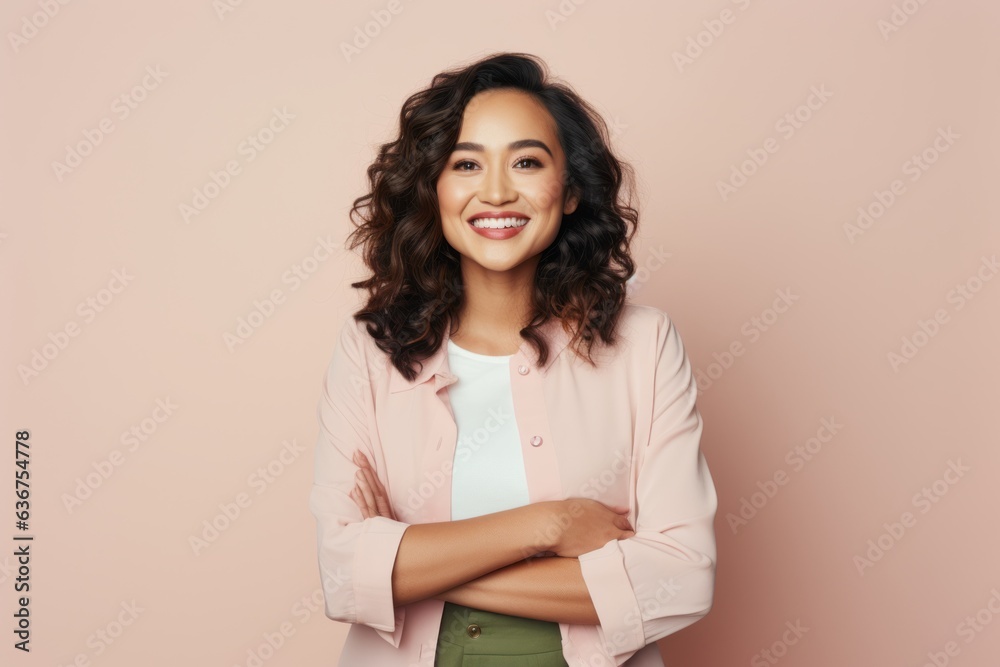 Portrait of a Indonesian woman in her 30s in a pastel or soft colors background wearing a chic cardigan Portrait of a Indonesian woman in her 30s in a pastel or soft colors background wearing a chic cardigan