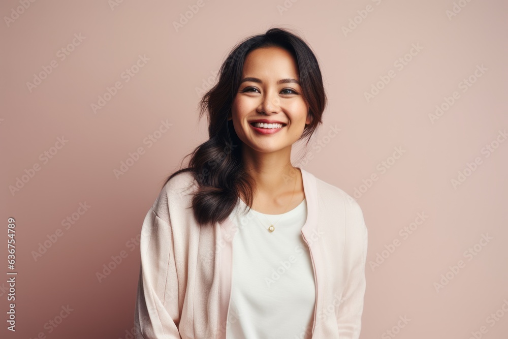 Portrait of a Indonesian woman in her 30s in a pastel or soft colors background wearing a chic cardigan Portrait of a Indonesian woman in her 30s in a pastel or soft colors background wearing a chic cardigan