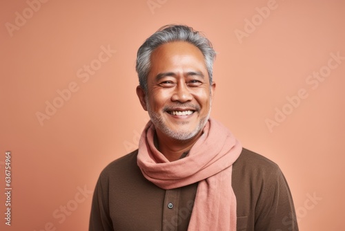 Portrait of a Indonesian man in his 50s in a pastel or soft colors background wearing a foulard