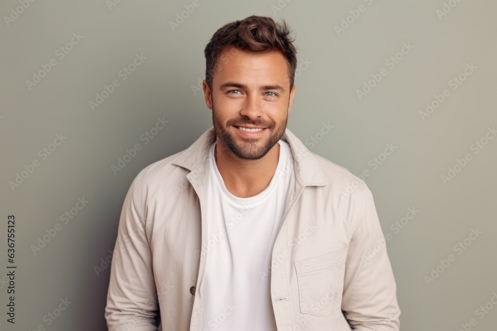 Medium shot portrait of a Russian man in his 30s in a pastel or soft colors background wearing a chic cardigan Medium shot portrait of a Russian man in his 30s in a pastel or soft colors background wearing a chic cardigan