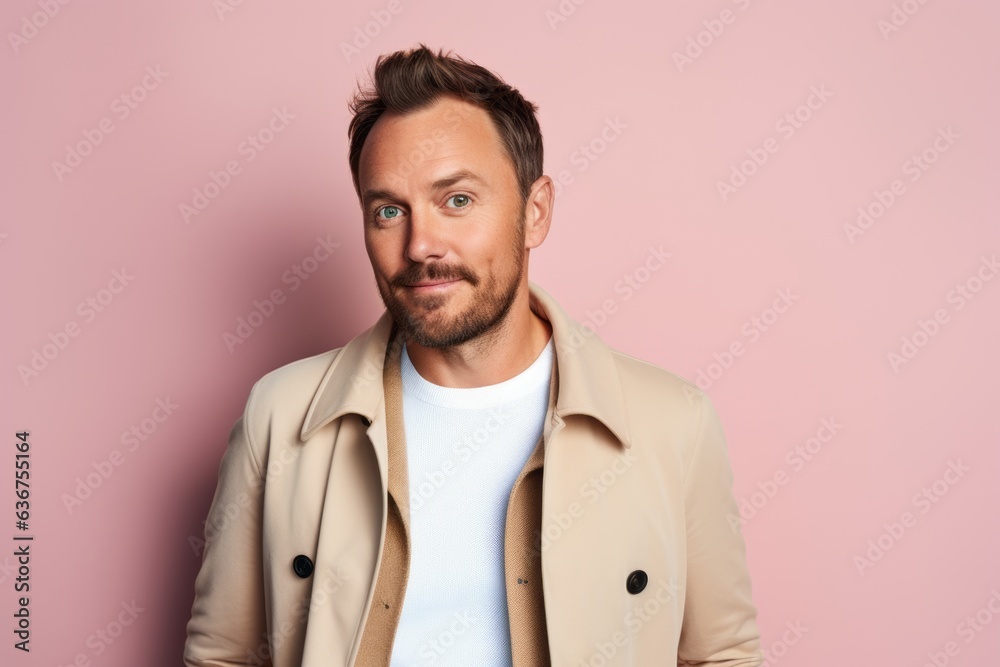 Portrait of a Russian man in his 30s in a pastel or soft colors background wearing a chic cardigan Portrait of a Russian man in his 30s in a pastel or soft colors background wearing a chic cardigan