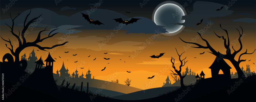 Halloween. Festive poster, banner, booklet, Halloween invitation. A beautiful landscape with scary houses, a graveyard and a spooky moon. Vector illustration.