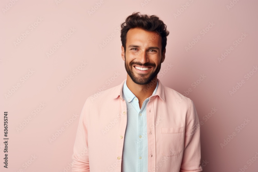 Portrait of a Brazilian man in his 20s in a pastel or soft colors background wearing a chic cardigan Portrait of a Brazilian man in his 20s in a pastel or soft colors background wearing a chic cardigan