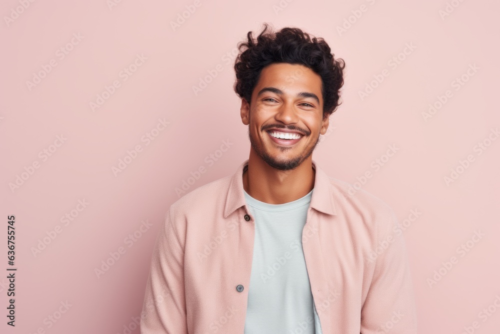 Portrait of a Brazilian man in his 20s in a pastel or soft colors background wearing a chic cardigan