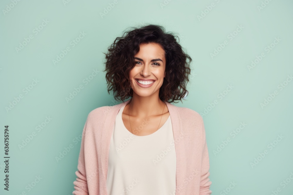 Fototapeta premium Portrait of a Brazilian woman in her 30s in a pastel or soft colors background wearing a chic cardigan