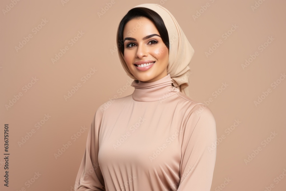 Fototapeta premium Portrait of a Saudi Arabian woman in her 30s in a pastel or soft colors background wearing a sleek suit