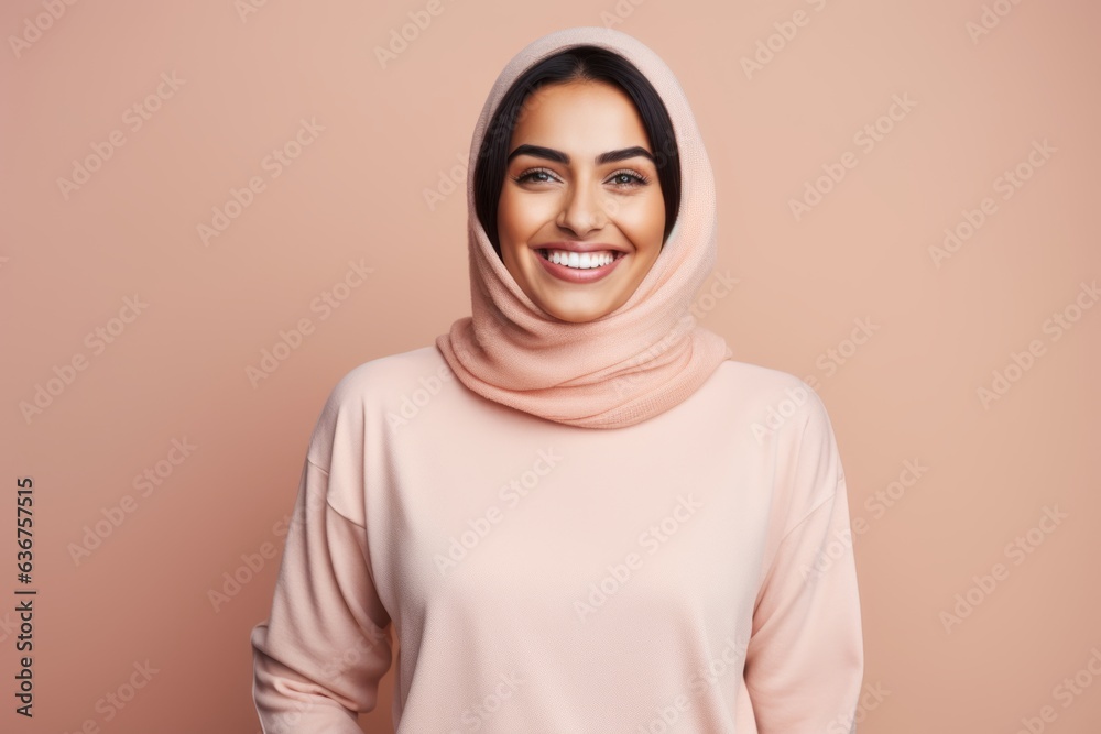 Portrait of a Saudi Arabian woman in her 30s in a pastel or soft colors background wearing a cozy sweater Portrait of a Saudi Arabian woman in her 30s in a pastel or soft colors background wearing a cozy sweater