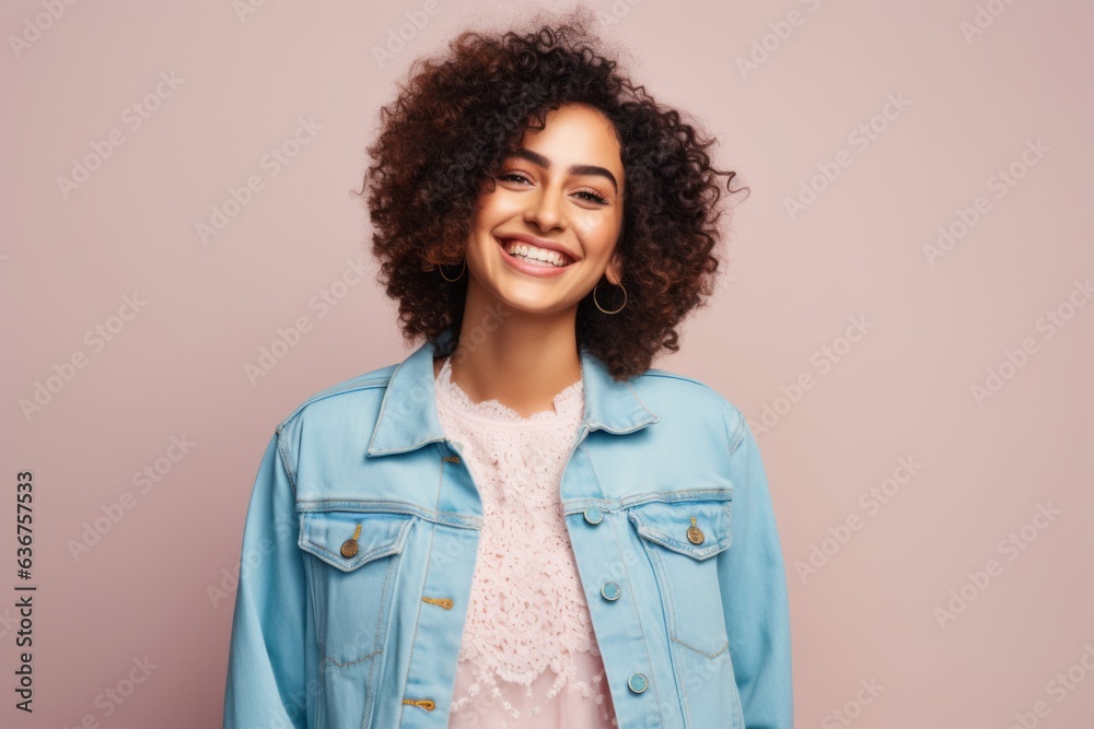 Medium shot portrait of a Saudi Arabian woman in her 30s in a pastel or soft colors background wearing a denim jacket Medium shot portrait of a Saudi Arabian woman in her 30s in a pastel or soft colors background wearing a denim jacket
