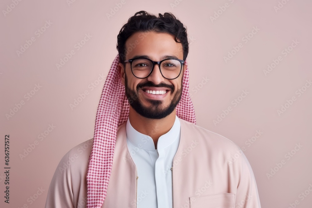 Medium shot portrait of a Saudi Arabian man in his 30s in a pastel or soft colors background wearing a chic cardigan Medium shot portrait of a Saudi Arabian man in his 30s in a pastel or soft colors background wearing a chic cardigan