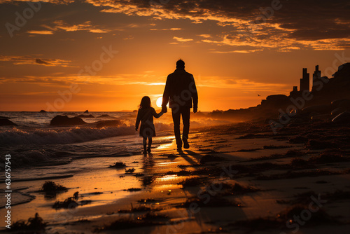 Parent and Child having fun at Sunset on the Sea Beach 