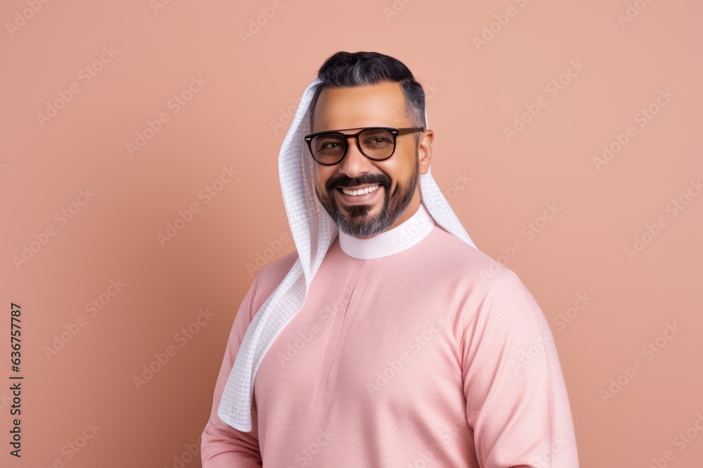 Portrait of a Saudi Arabian man in his 40s in a pastel or soft colors background wearing a chic cardigan Portrait of a Saudi Arabian man in his 40s in a pastel or soft colors background wearing a chic cardigan