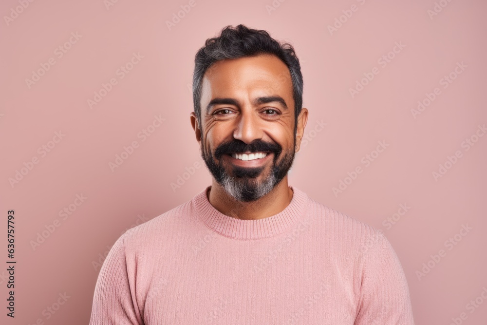 Portrait of a Saudi Arabian man in his 40s in a pastel or soft colors background wearing a chic cardigan