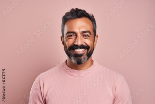 Portrait of a Saudi Arabian man in his 40s in a pastel or soft colors background wearing a chic cardigan © Hanne Bauer