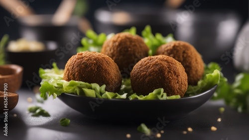 In a bowl of fresh herbs lie falafel balls