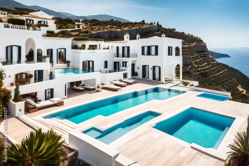 Traditional mediterranean white house with pool on hill with stunning sea view