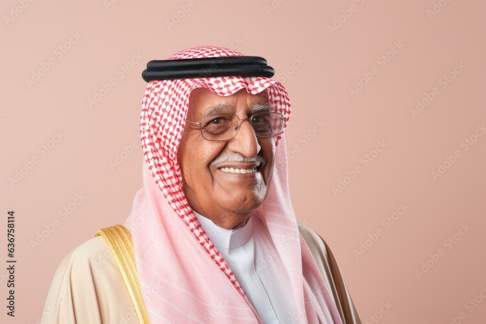 Portrait of a 100-year-old elderly Saudi Arabian man in a pastel or soft colors background wearing a chic cardigan Portrait of a 100-year-old elderly Saudi Arabian man in a pastel or soft colors background wearing a chic cardigan