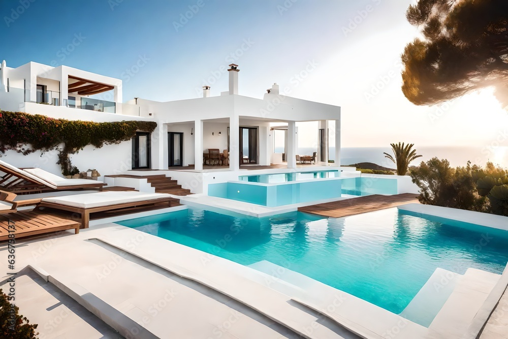 Traditional mediterranean white house with pool on hill with stunning sea view