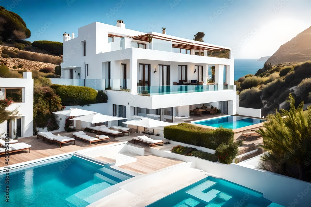 Traditional mediterranean white house with pool on hill with stunning sea view