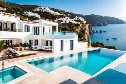 Traditional mediterranean white house with pool on hill with stunning sea view