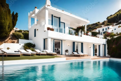 Traditional mediterranean white house with pool on hill with stunning sea view © Arqumaulakh50