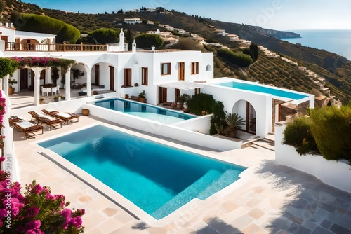 Traditional mediterranean white house with pool on hill with stunning sea view