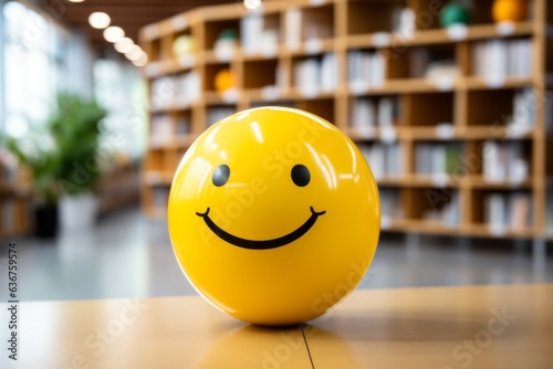 Smiling ball with positive emotion in the office. Background with selective focus and copy space photo