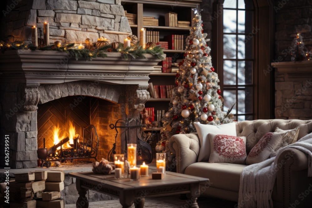 Fireplace in a festive interior. Merry christmas and happy new year concept Fireplace in a festive interior. Merry christmas and happy new year concept